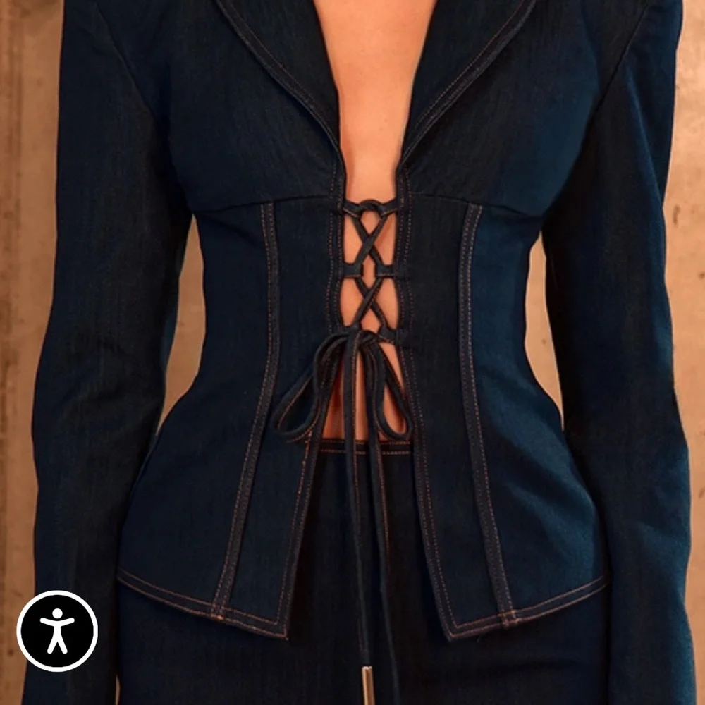 Dark Blue Lace-Up Denim Jacket and mini skirt- Women's - Picture 2 of 5